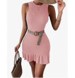 NH 2025 Casual Crochet Ribbed Knit Ruffle Hem Sleeveless Bodycon Tank Mini Dresses - Coral Pink