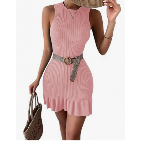 NH 2025 Casual Crochet Ribbed Knit Ruffle Hem Sleeveless Bodycon Tank Mini Dresses - Coral Pink