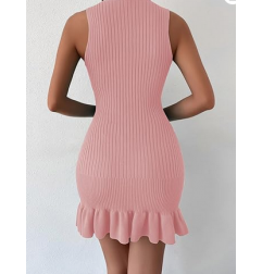 NH 2025 Casual Crochet Ribbed Knit Ruffle Hem Sleeveless Bodycon Tank Mini Dresses - Coral Pink