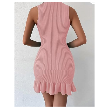 NH 2025 Casual Crochet Ribbed Knit Ruffle Hem Sleeveless Bodycon Tank Mini Dresses - Coral Pink