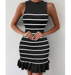 NH 2025 Casual Crochet Ribbed Knit Ruffle Hem Sleeveless Bodycon Tank Mini Dresses - B&W
