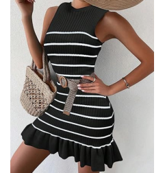 NH 2025 Casual Crochet Ribbed Knit Ruffle Hem Sleeveless Bodycon Tank Mini Dresses - B&W