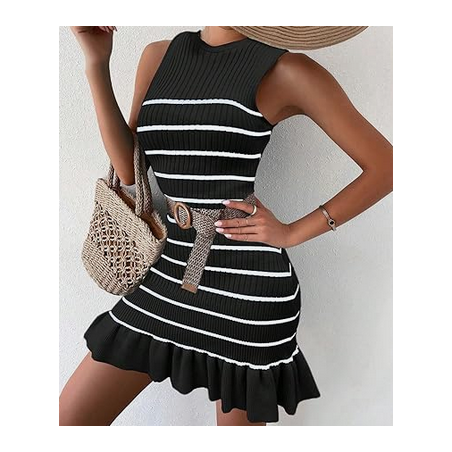 NH 2025 Casual Crochet Ribbed Knit Ruffle Hem Sleeveless Bodycon Tank Mini Dresses - B&W