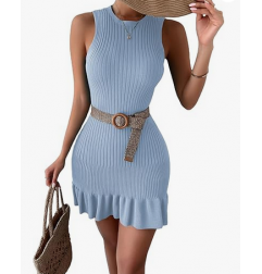 NH 2025 Casual Crochet Ribbed Knit Ruffle Hem Sleeveless Bodycon Tank Mini Dresses - Light Blue