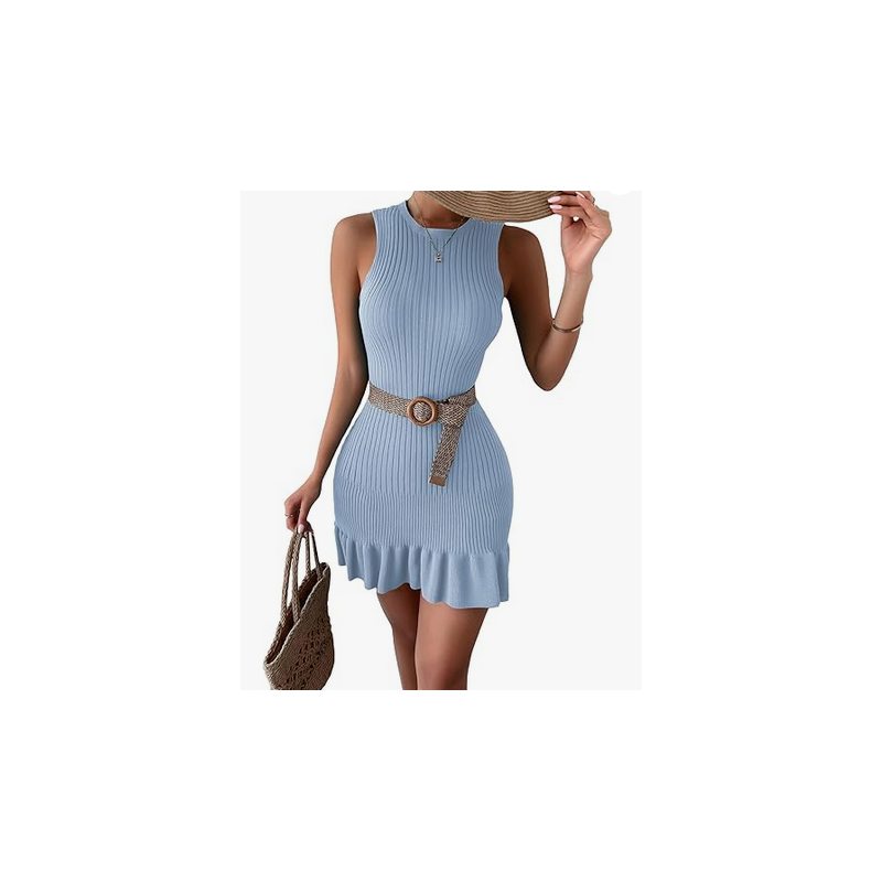 NH 2025 Casual Crochet Ribbed Knit Ruffle Hem Sleeveless Bodycon Tank Mini Dresses - Light Blue NH 2025 Casual Crochet Ribbed Knit Ruffle Hem Sleeveless Bodycon Tank Mini Dresses - Light Blue