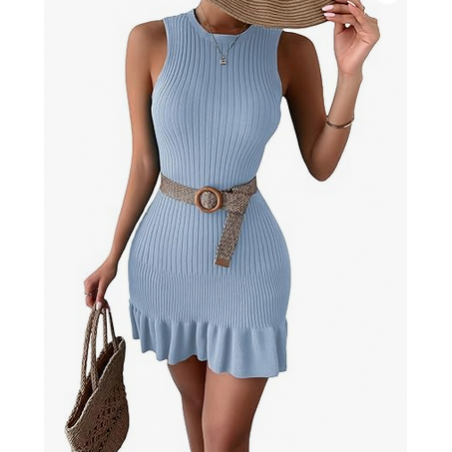 NH 2025 Casual Crochet Ribbed Knit Ruffle Hem Sleeveless Bodycon Tank Mini Dresses - Light Blue