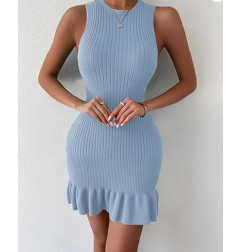 NH 2025 Casual Crochet Ribbed Knit Ruffle Hem Sleeveless Bodycon Tank Mini Dresses - Light Blue
