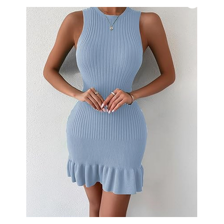 NH 2025 Casual Crochet Ribbed Knit Ruffle Hem Sleeveless Bodycon Tank Mini Dresses - Light Blue