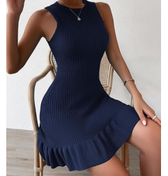 NH 2025 Casual Crochet Ribbed Knit Ruffle Hem Sleeveless Bodycon Tank Mini Dresses - Navy