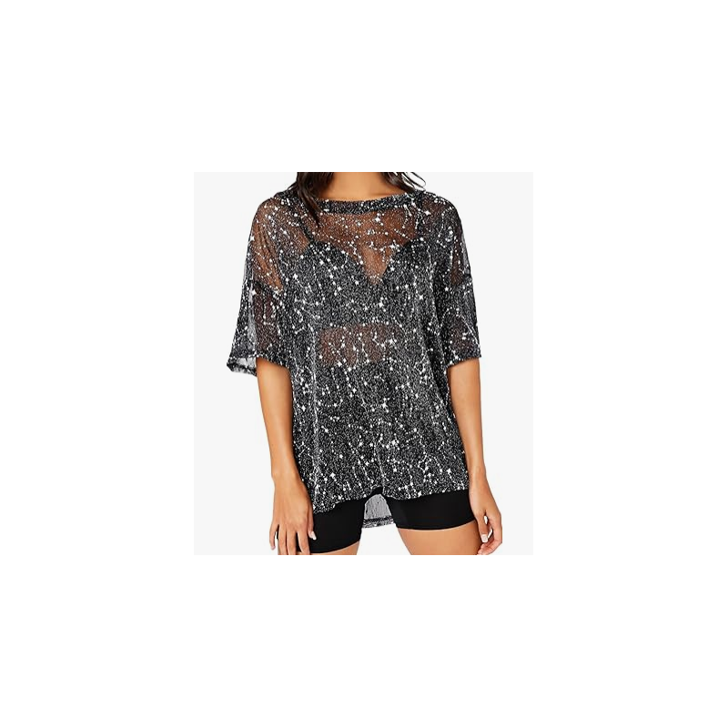NH 2025 Summer Short Sleeve Tops Sheer T Shirts Blouse - Milky Way NH 2025 Summer Short Sleeve Tops Sheer T Shirts Blouse - Milky Way