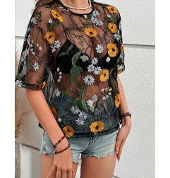 NH 2025 Summer Short Sleeve Tops Sheer T Shirts Blouse - Sunflower
