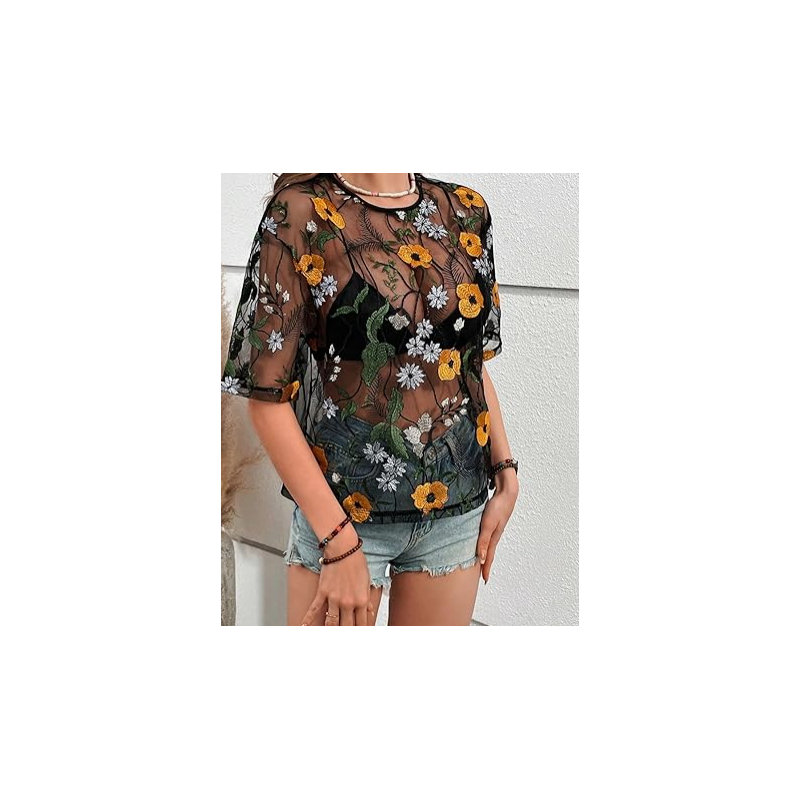 NH 2025 Summer Short Sleeve Tops Sheer T Shirts Blouse - Sunflower NH 2025 Summer Short Sleeve Tops Sheer T Shirts Blouse - Sunflower