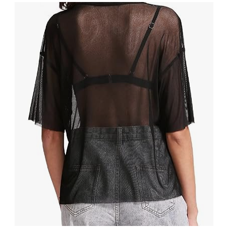 NH 2025 Summer Short Sleeve Tops Sheer T Shirts Blouse - Black Mist