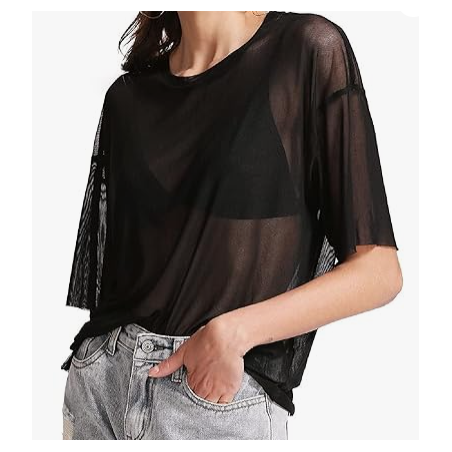 NH 2025 Summer Short Sleeve Tops Sheer T Shirts Blouse - Black Mist