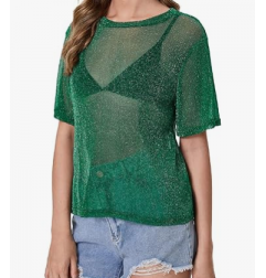 NH 2025 Summer Short Sleeve Tops Sheer T Shirts Blouse - Green Glitter