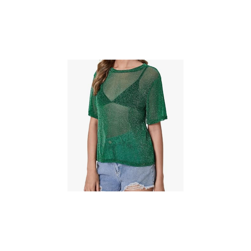 NH 2025 Summer Short Sleeve Tops Sheer T Shirts Blouse - Green Glitter NH 2025 Summer Short Sleeve Tops Sheer T Shirts Blouse - Green Glitter