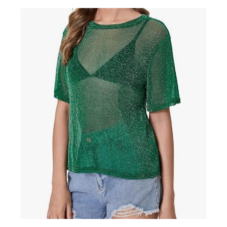 NH 2025 Summer Short Sleeve Tops Sheer T Shirts Blouse - Green Glitter