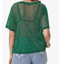 NH 2025 Summer Short Sleeve Tops Sheer T Shirts Blouse - Green Glitter