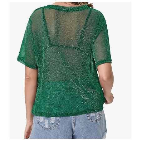 NH 2025 Summer Short Sleeve Tops Sheer T Shirts Blouse - Green Glitter