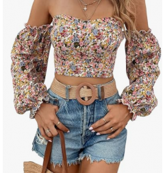 NH Off Shoulder Lantern Sleeve Crop Top - Multicolor