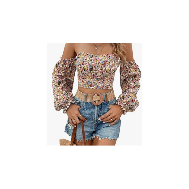 NH Off Shoulder Lantern Sleeve Crop Top - Multicolor NH Off Shoulder Lantern Sleeve Crop Top - Multicolor