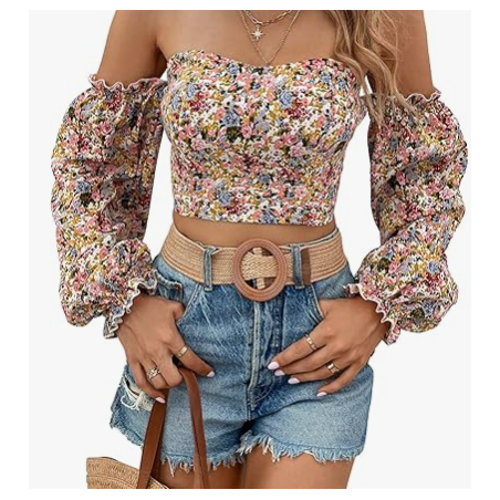 NH Off Shoulder Lantern Sleeve Crop Top - Multicolor