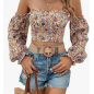 NH Off Shoulder Lantern Sleeve Crop Top - Multicolor