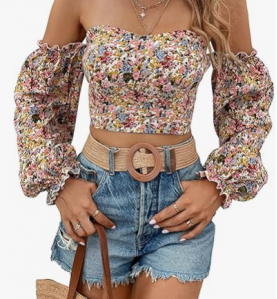 NH Off Shoulder Lantern Sleeve Crop Top - Multicolor