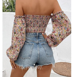 NH Off Shoulder Lantern Sleeve Crop Top - Multicolor