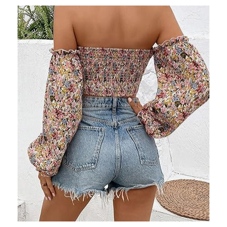 NH Off Shoulder Lantern Sleeve Crop Top - Multicolor