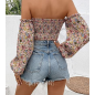 NH Off Shoulder Lantern Sleeve Crop Top - Multicolor