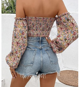 NH Off Shoulder Lantern Sleeve Crop Top - Multicolor