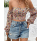 NH Off Shoulder Lantern Sleeve Crop Top - Multicolor