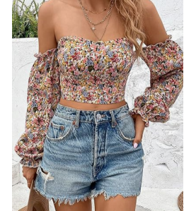 NH Off Shoulder Lantern Sleeve Crop Top - Multicolor