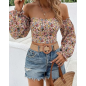 NH Off Shoulder Lantern Sleeve Crop Top - Multicolor