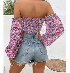 NH Off Shoulder Lantern Sleeve Crop Top - Pink
