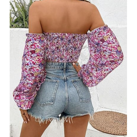 NH Off Shoulder Lantern Sleeve Crop Top - Pink