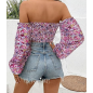 NH Off Shoulder Lantern Sleeve Crop Top - Pink