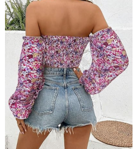 NH Off Shoulder Lantern Sleeve Crop Top - Pink