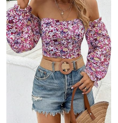 NH Off Shoulder Lantern Sleeve Crop Top - Pink