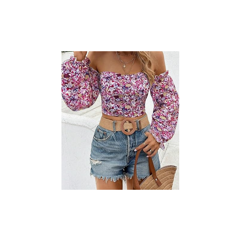 NH Off Shoulder Lantern Sleeve Crop Top - Pink NH Off Shoulder Lantern Sleeve Crop Top - Pink