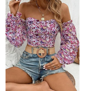NH Off Shoulder Lantern Sleeve Crop Top - Pink