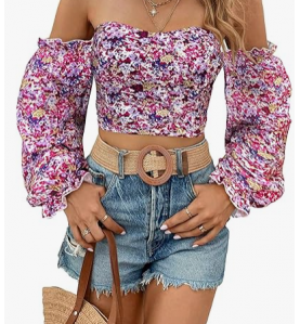 NH Off Shoulder Lantern Sleeve Crop Top - Pink