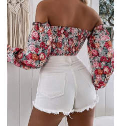 NH Off Shoulder Lantern Sleeve Crop Top - Red