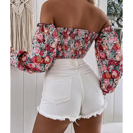 NH Off Shoulder Lantern Sleeve Crop Top - Red