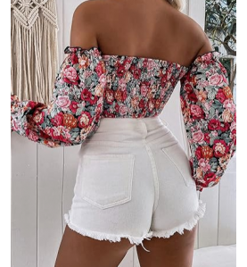 NH Off Shoulder Lantern Sleeve Crop Top - Red