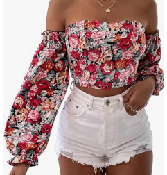 NH Off Shoulder Lantern Sleeve Crop Top - Red