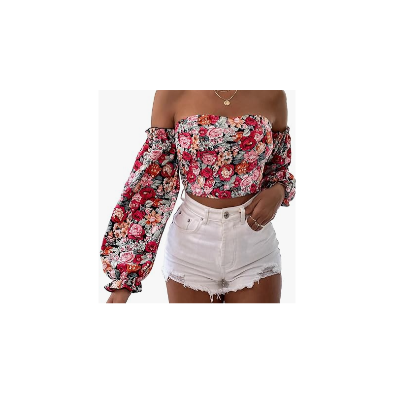 NH Off Shoulder Lantern Sleeve Crop Top - Red NH Off Shoulder Lantern Sleeve Crop Top - Red