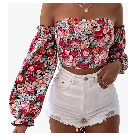 NH Off Shoulder Lantern Sleeve Crop Top - Red