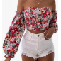 NH Off Shoulder Lantern Sleeve Crop Top - Red
